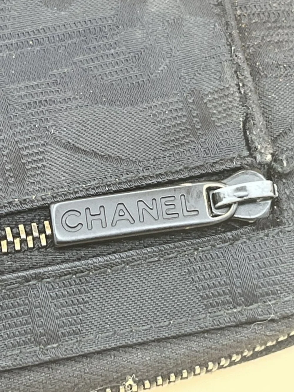 Chanel Black Checkered Canvas Zipper Wallet With CC Logo Design